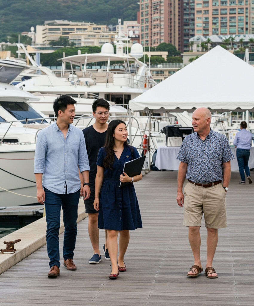 一位遊艇顧問與三位客戶在碼頭上漫步,背後停泊著多艘豪華遊艇,氣氛輕鬆且專業,展現遊艇管理團隊的貼心服務。