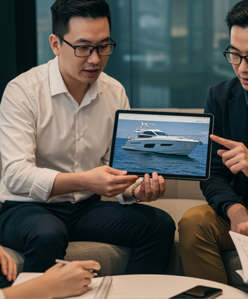 兩位專業顧問坐在會議室裡,向客戶展示平板上的豪華遊艇圖片,討論遊艇細節與購船方案。