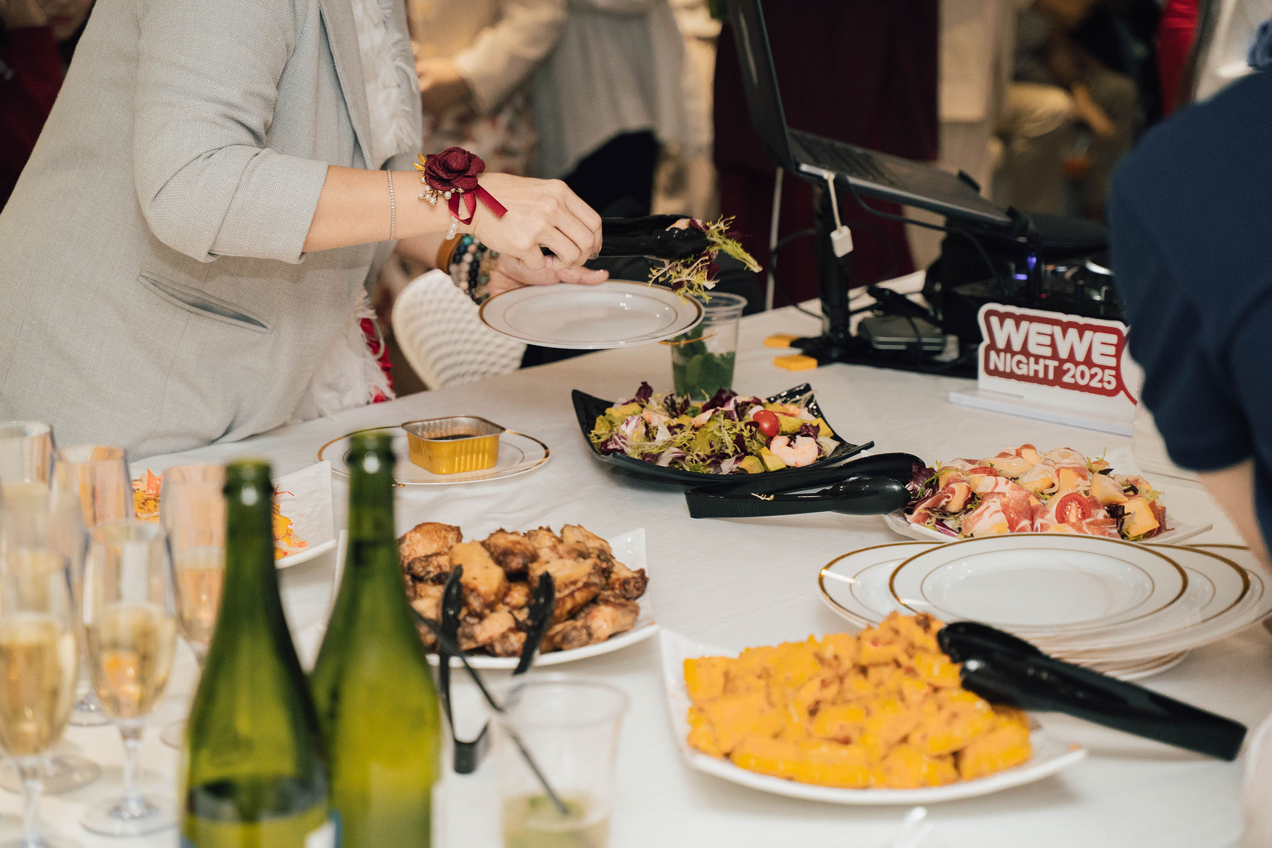 A dinner being held inside the yacht’s banquet lounge